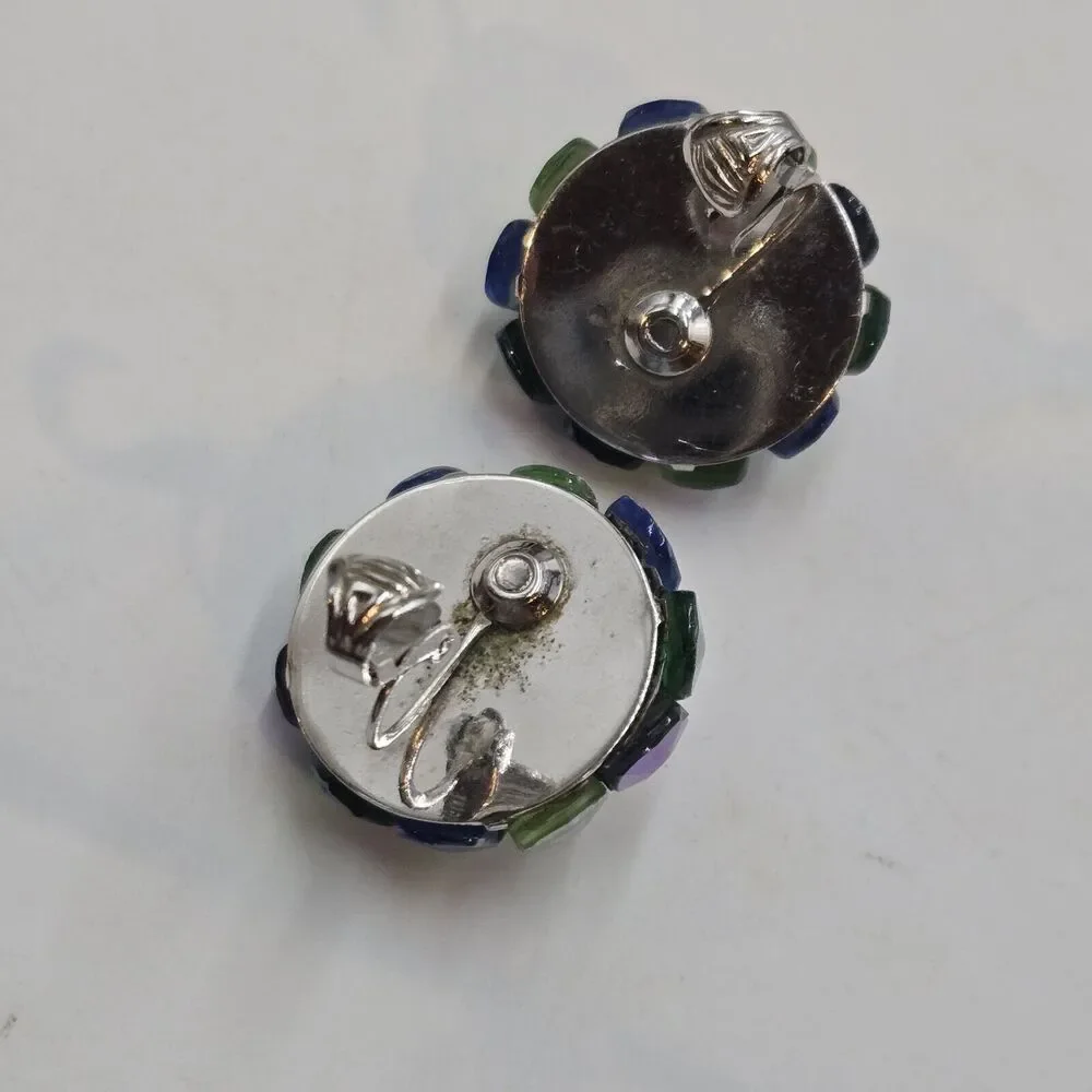 Vintage Vogue Aurora Borealis Oil Slick Iridescent Clip On Clusters Earrings